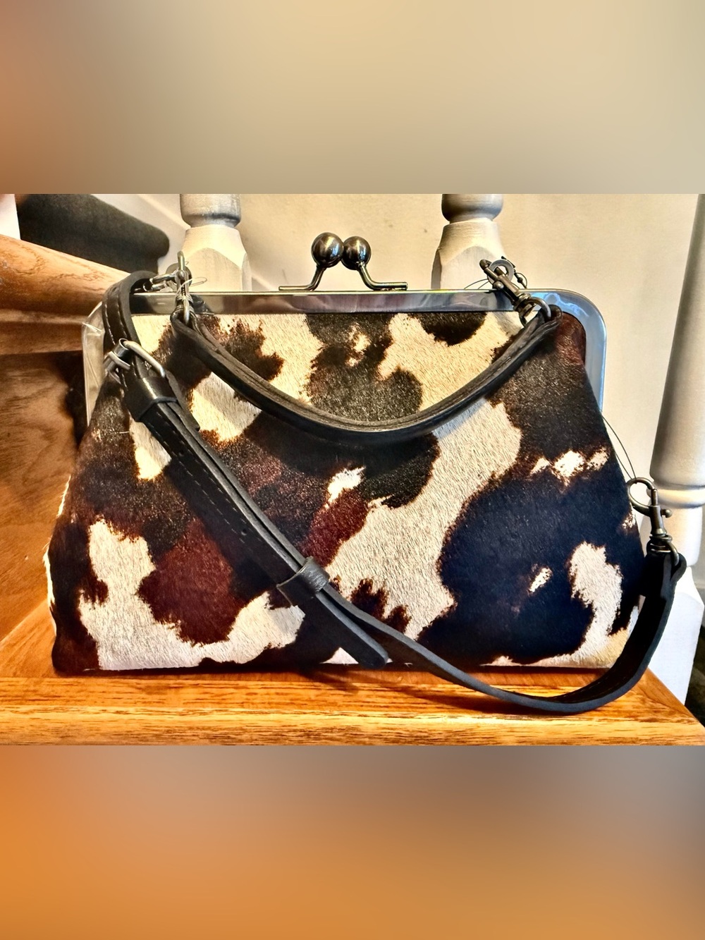 Patricia Nash Black, Brown & Cream Cowhide Crossbody Frame Bag
